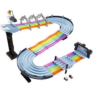 Hot Wheels Mario Kart Route regenboog racebaan, 2,40 m, incl. 2 mini-voertuigen op schaal 1:64, licht en geluid, speelgoed voor kinderen, GXX41