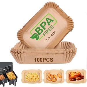 AiQInu Bakpapier voor Air Fryer, 100 stuks, 22 x 14 cm, rechthoekig, bakpapier, voedselkwaliteit, BPA-vrij, wegwerp, antiaanbaklaag, zonder olie, perkament, accessoires