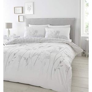 Catherine Lansfield Bedding Meadowsweet Beddengoedset voor tweepersoonsbed, dekbedovertrek en kussenslopen, bloemenpatroon, wit/grijs