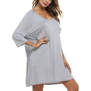 Doaraha Katoenen nachthemd voor dames, grote maat, nachthemd, lange mouwen, losse pasvorm, kort, sexy, comfortabel en aangenaam om te dragen, grijs.