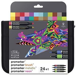 Winsor & Newton 0290037 24 professionele gemengde markers 24 kleuren in portemonnee, 2 punten, fijn en breed voor tekeningen, design en lay-out
