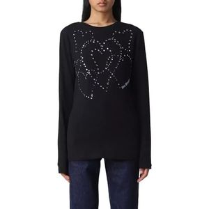 Love Moschino Dames shirt met lange mouwen Love Storm of Hearts Water Print en Rhinestones Applicatie T-shirt, zwart, 44, zwart.