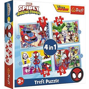 Trefl - Spidey and his Amazing Friends, Spidey-band, 4-in-1 puzzel, 4 puzzels, 12 tot 24 stukjes - kleurrijke puzzels met Marvel Spidey en Super Buddies tekenfiguren
