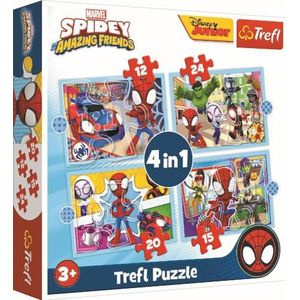 Trefl - Spidey and his Amazing Friends, Spidey-band, 4-in-1 puzzel, 4 puzzels, 12 tot 24 stukjes - kleurrijke puzzels met Marvel Spidey en Super Buddies tekenfiguren