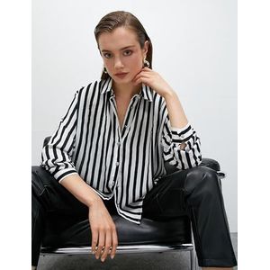 Koton T-shirt en satin à manches longues boutonnées pour femme, Black Stripe (9s9), 40