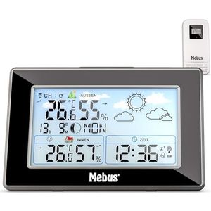 MEBUS Functioneel weerstation met buitensensor, thermometer/hygrometer, kamervuller, weldadige kamerdikator, weersvoorbereiding, mondagender, wecker, kleur: zwart-zilver, model: 40917