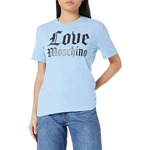 Love Moschino Dames T-shirt met korte mouwen met glanzend Mylar Gothic logo lichtblauw, 48, Lichtblauw