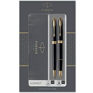Parker Sonnet Duo geschenkset met balpen en vulpen (18-karaats gouden punt) | glanzend zwart met gouden trim | zwarte inktpatronen en navullingen | geschenkverpakking