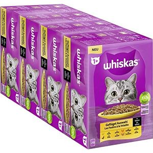 Whiskas 1+ Kattenvoer gevogelte naar keuze in saus, 12 x 85 g (4 verpakkingen) - hoogwaardig natvoer voor volwassen katten in 48 zakjes