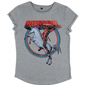 Marvel Dames T-shirt met rolgeluiden, motief Deadpool on Unicorn, grijs.