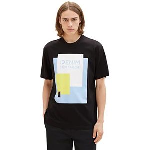 TOM TAILOR Denim Heren Relaxed Fit T-shirt met katoenen print, 29999 - zwart.