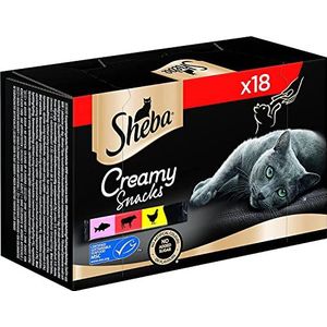 Sheba Creamy Snacks Romige lekkernijen voor volwassen katten, dierenvoer, met kip, rundvlees en kaas, praktische staafjes om uit de hand te leggen, 12 g (18 stuks), 1