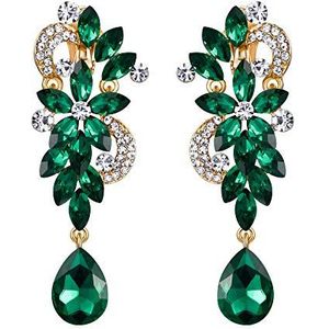 Clearine Vrouwen Bohemian Boho Crystal Bloem Bruiloft Bruids Kroonluchter Teardrop Bling Lange Schroef Terug Clip-On Dangle Oorbellen Emerald Kleur Goud-Tone, Zink Kristal, Geen steen