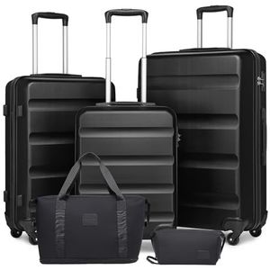 Kono Reiskofferset van hard ABS met TSA-slot, uitbreidbare reiskoffer en toilettas, zwart., Modieus