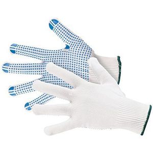 Jah 5070 12 paar witte nylon werkhandschoenen met blauwe stippen, veilige grip, ademend, goed comfort, hoge slijtvastheid, 100% polyamide, gemiddelde kwaliteit, maat 9