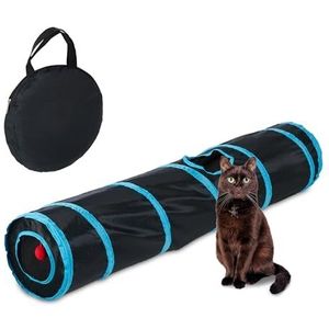 Relaxdays Opvouwbare kattentunnel, L x Ø: ca. 115 x 24 cm, gaten en tas, speeltunnel voor katten, speelbal, nylon, zwart/blauw