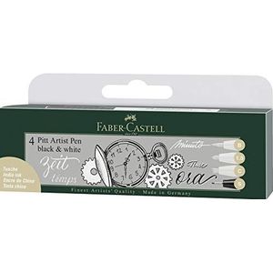 Faber-Castell 167151 Pitt Artist Pen inktpen, zwart, wit, 4 stuks