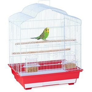 Relaxdays Vogelkooi voor kleine vogels met 2 zitstokken en voederbakken, HBT: ca. 56 x 46 x 35,5 cm, metaal, lichtblauw/rood