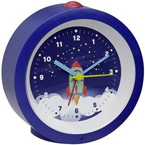TFA Dostmann analoge wekker voor kinderen, 60.1033.06, met raketmotief, stil kwartsuurwerk, achtergrondverlichting, alarm met snooze-functie, goed afleesbare cijfers, blauw, (L)105 x (B)41 x (H)105 mm