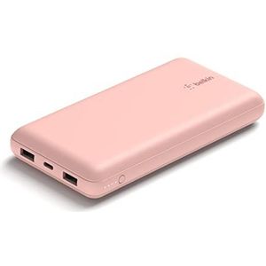 Belkin USB-C-powerbank 20.000 mAh (20 K vermogen, USB-C-ingang en uitgang, 2 USB-A-poorten, USB-C-naar-USB-A-kabel inbegrepen, voor iPhone, Galaxy etc.) - roségoud