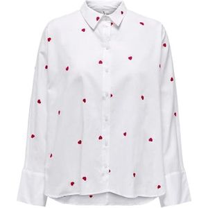 ONLY Onlnew Lina Grace Ls Emb Shirt Wvn Damesblouse, Glanzend wit/Aop: hart