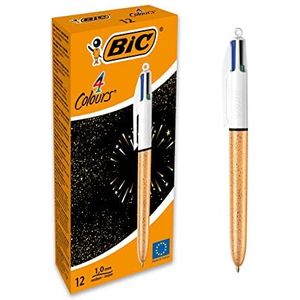 BIC 4 kleuren pen balpen, middelgrote punt (1,0 mm) - body met goudkleurige textuur, 12 stuks