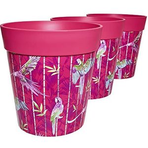 Hum Flowerpots, Set van 3 kunststof bloempotten voor binnen en buiten, roze papegaaien, 22 cm