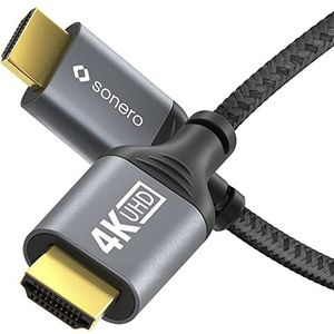 Sonero® 4K HDMI-kabel, HDMI-stekker naar HDMI-aansluiting, HDMI 2.0, 4K 60Hz, 2K 120Hz, katoenen mantel, grijs/zwart, 1,00 meter