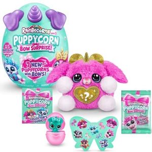 Rainbocorns Puppycorn Bow Surprise Serie 5, Karmo roze, pluche dier om te verzamelen, 5 lagen vol verrassingen, hart om te openen, stickers, slijm vanaf 3 jaar (roze ruit)