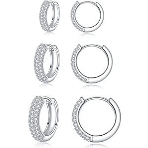 Zolkamery Kleine creolen voor dames van 925 sterling zilver met 5A kubische zirkonia, 3 paar kleine creolen, platina verguld, roségoud/goud, uniseks, hypoallergeen, diameter 9, 11, 13 mm, Stof Lak