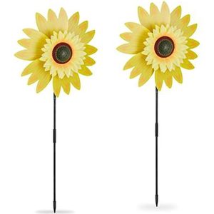Relaxdays tuinsteker zonnebloem set van 2 - 76 x 29 x 8 cm - windmolentjes balkon - geel