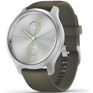 Garmin Vívomove 3 stijl: Verbonden horloge met mechanische wijzers en tweekleurig touchscreen met GPS-tracking en Garmin Pay™ - 42 mm - zilver / siliconen mosgroen - 42 mm wijzerplaat