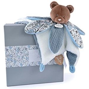 Doudou et Compagnie - Boh'aime DC4023 Knuffeldier met bloemblad, beer, blauw, 27 cm, geboortecadeau, mooie geschenkdoos