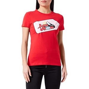 Love Moschino Dames T-shirt met korte mouwen met signaaldruk en glitterdetails, rood, 46, Rood