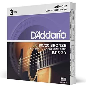 D'Addario 3 x brons 80/20 akoestische gitaarsnaren voor 6-snarige gitaren, diepe en heldere kleuren, EJ13-3D, Custom Light, 11-52