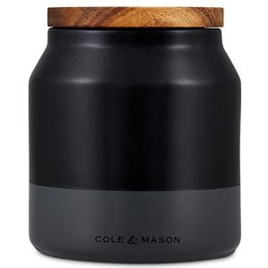 Cole & Mason H822137 Hinxton Zwart/Grijs Klein Voedsel Opbergpot Met Deksel | Keukenorganisatie, Kast Opbergcontainer | Keramisch/Acacia/Silicone | (H)125 mm x (D) 110 mm | 2 jaar garantie