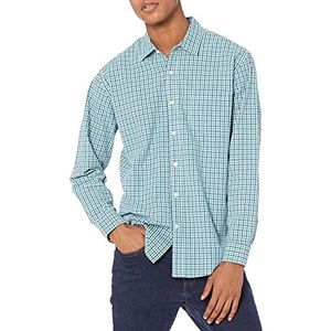 Amazon Essentials Heren casual popeline overhemd met lange mouwen klassieke pasvorm Gingham Navy Green Large