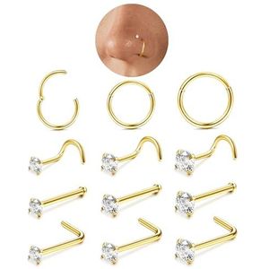 LOLIAS Neuspiercing, 12 stuks, 316L chirurgisch staal, 18K goud, zirkonia, diameter 6, 8, 10 mm, 18 en 20 g, inclusief neusringen en neuspiercings, Nostril, voor vrouwen