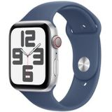 Apple Watch SE (2ᵉ generatie) 44 mm GPS + Cellular Smartwatch met zilverkleurige aluminium behuizing en sportarmband denim (M/L). Activiteits- en slaap tracking, ongevallendetectie, hartslagbewaking