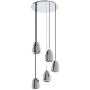 EGLO Alobrase Hanglamp, hanglamp, 5 vlammen, hanglamp, cluster hangers, kroonluchter voor woonkamer of eetkamer, metaal in chroomlook en rookglas, fitting E27, Ø 54 cm