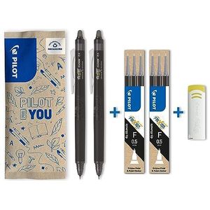 PILOT - FriXion Point Clicker 0,5 set van 2 - uitwisbare en intrekbare rollerbalpen - 2 zwarte + 2 sets van 3 zwarte vullingen + gum - fijne punt