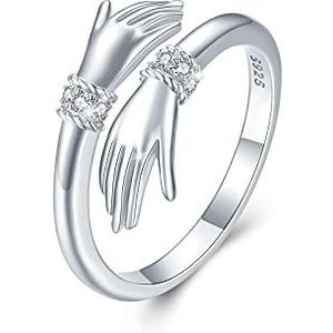 Omhelzing Ring voor dames, 925 sterling zilver, verstelbaar, zirkoniumoxide, open handen, verlovingsring voor dames, Sterling zilver, Zirkonia