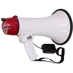 LTC MEGA35USB - 35W oplaadbare megafoon met afneembare microfoon, sirene, USB, SD, AUX, MP3-bediening, handvat en berichtopname - wit en rood