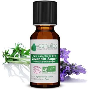 Huile Essentielle BIO de Lavandin Super - Origine France - 100% Pure et Naturelle - HEBBD et ECOCERT - Utilisation Alimentaire - Parfum Frais - 10ml - VOSHUILES