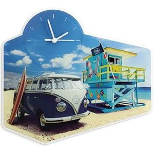 BRISA VW Collection – Volkswagen Combi Bus T1 Camper Van 3D wandklok van acrylglas zonder cijfers, geluidsarme slinger, elegante woondecoratie (Beach Life/Blauw)