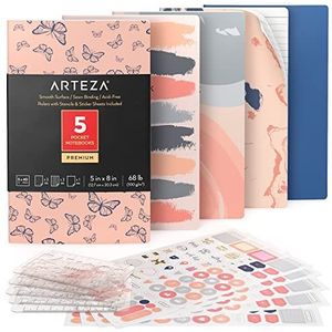 ARTEZA Notitieboekjes 5-delige set, 12,7 x 20,3 cm, vlinderdesign, 2 x notitieboek, 2 x Bullet Journal en 1 x notitieboek wit gelinieerd, gelakte binding, zachte cover, glad papier