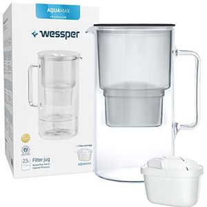 Wessper Glazen karaf met 1 waterfilter (compatibel met Brita Maxtra), gefilterd water met een geweldige smaak en zuiverheid, 2,5 l, zwart