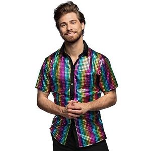 Boland - Kleurrijk discoshirt, discohemd met diamant, herenhemd met korte mouwen, herenhemd, bovenstuk, feestshirt voor carnaval of themafeesten