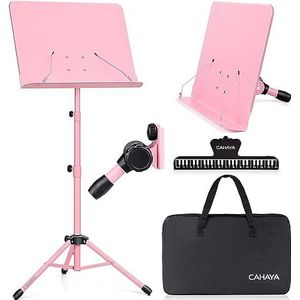 CAHAYA CY0194-1 Inklapbare Muziekstandaard, metaal, in hoogte verstelbaar, tafelstandaard, 2-in-1, dubbel gebruik, met waterdichte draagtas, roze