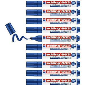 edding 663 whiteboard-marker, blauw, 10 stiften, 1-5 mm wigpunt, uitwisbare viltstift, voor foto's, wit, magneet, conferentiesezel en schetsknoten, navulbaar